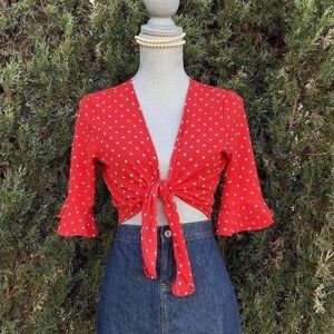 Polly & Esther Red And White Polka Dotted Tie Knot Crop Top Women's Size Small
